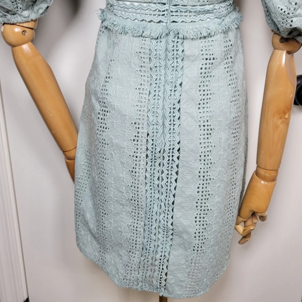 Esther & Co. Saints & Secrets Saige Green Puff Sleeve Eyelet Cotton Dress Size S - Picture 10 of 12